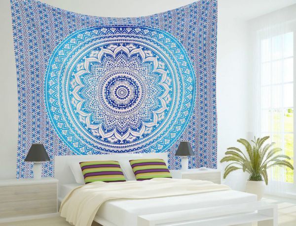 indisches mandala tuch, wandtuch blau, wandbehang, goa deko